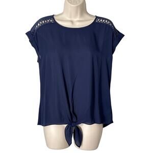 Fortune + Ivy Tabitha Crochet Detail Tie Front Navy Blue Blouse Size S